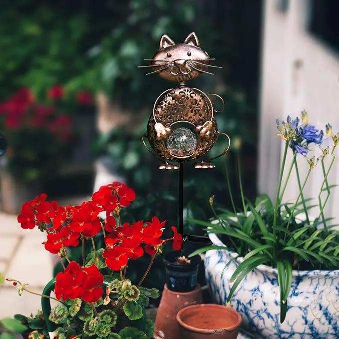 KAIXOXIN Garden Solar Lights Metal Cat Crackle Glass Globe Stake Light Waterproof Warm White LED Solar Path Lights (Cat-Bronze) by GreenHaven Gardens