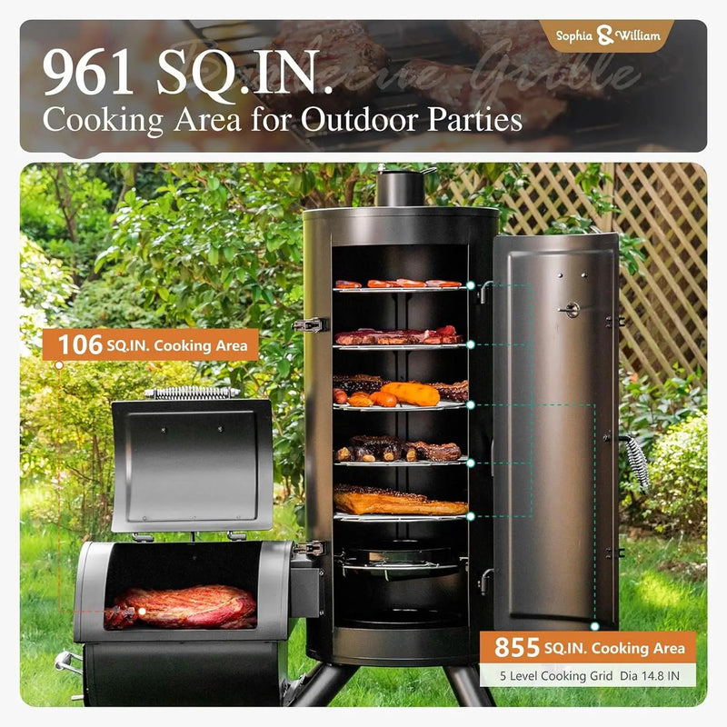 Sophia & William Heavy-Duty Vertical Offset Charcoal Smoker Extra Large Outdoor BBQ Gill with Offset Smoker, 961 SQ.IN. Cooking Area with Warming Tray,Push-out Ash Tray for Event Gathering, Black by GreenHaven Gardens