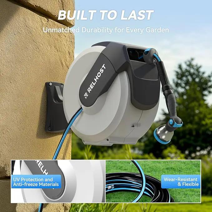 Retractable Garden Hose Reel 65 ft x 5/8 in, Heavy Duty Hose Reel Wall Mount with Any Length Lock, Auto Rewind System, 180° Swivel Bracket, 10-Pattern Garden Hose Nozzle, White & Grey by GreenHaven Gardens