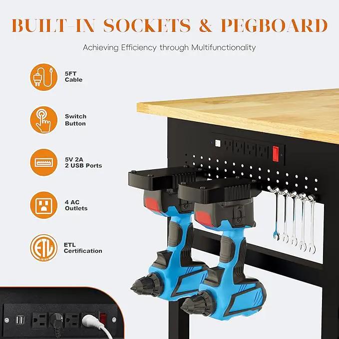 60" Adjustable Height Workbench, 2000 LBS Heavy Duty Work Table with Power Outlets & Pegboard, Rubber Wood Workstation for Garage, Workshop, Office, Home, Commercial by GreenHaven Gardens