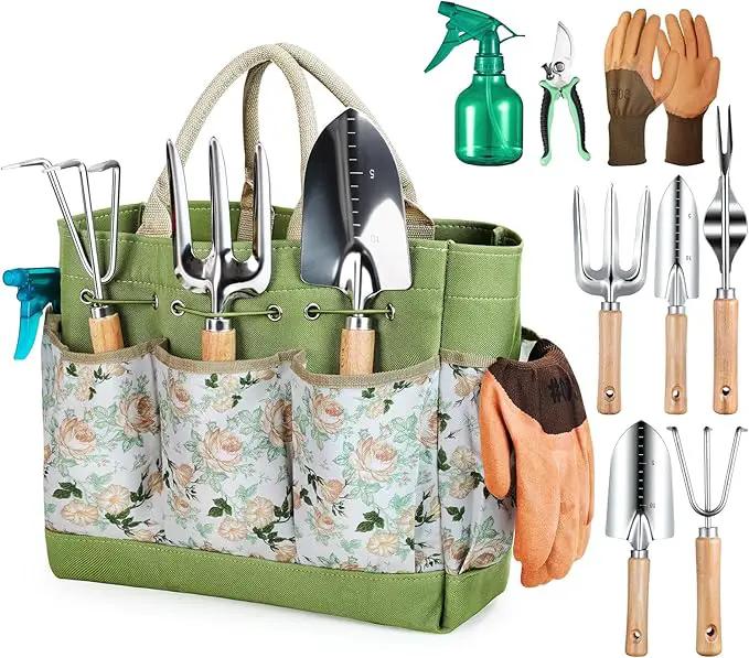 Gardening Tools 9-Piece Heavy Duty Gardening Hand Tools with Fashion and Durable Garden Tools Organizer Handbag,Rust-Proof Garden Tool Set, Ideal Gardening Gifts for Women by GreenHaven Gardens