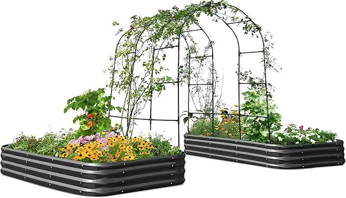 KING BIRD Raised Garden Bed with Arched Trellis Galvanized Planter Garden Box Outdoor for Gardening, Climbing Vegetables, Flowers 7.87x3.94x0.98 Ft 2PCS, Dark Grey by GreenHaven Gardens