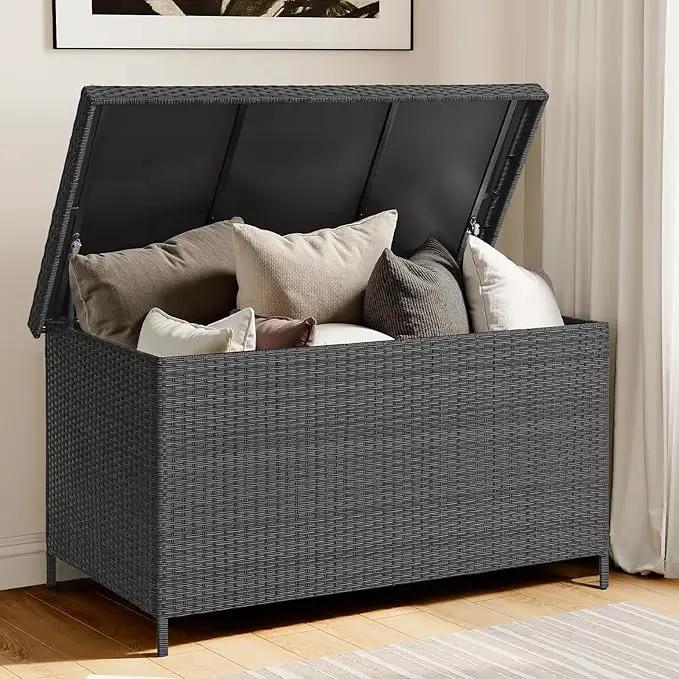 158 Gallon XL Deck Box with Lid, All Weather Wicker Outdoor Storage Box Waterproof, Large Outdoor Patio Storage Bin for Cushions, Garden Tools, Gears, Pool Accessories, Black by GreenHaven Gardens