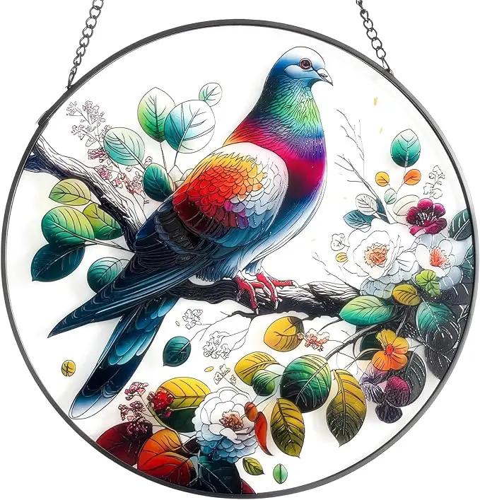 RIVEENY Stained Glass Window Hangings,8" Suncatcher Stained Glass Window Panels,Stained Panel Hangings Gift Women Girls Thanksgiving Birthday Gifts for Mom Grandma (Pigeon) by GreenHaven Gardens