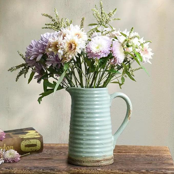 Quoowiit Ceramic Rustic Vase with Handle, Green Distressed Decorative Farmhouse Pitcher Vase for Home Decor Living Room Bedroom Kitchen Office Shelf Decor Centerpiece Table Decoration by GreenHaven Gardens