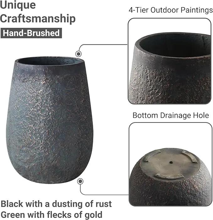 Weathered Concrete 19.7 Inch Tall Planter, Large Decorative Flower Pot with Drainage Hole, Round Plant Container for Home, Garden, Patio, Courtyard, A Dusting of Bronze Rust with Green Tone, 1 Pack by GreenHaven Gardens