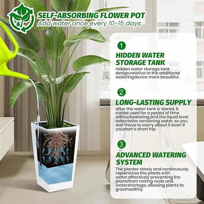 16" Tall Planters Set of 2, Outdoor＆Indoor Black Planter Pots, High Front Porch Planter Pots with Drainage Holes＆Water Level Monitor＆Inner Bucket, Automatic Watering,White by GreenHaven Gardens