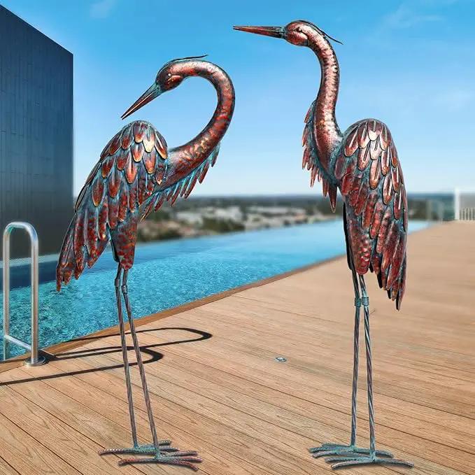Kircust Metal Crane Statues - Set of 2 Bronze Heron Sculptures for Garden, Patio, or Yard Decor - 27.56" Tall Weatherproof Outdoor Art by GreenHaven Gardens