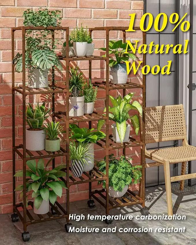 Bamworld Plant Stand With Wheels Indoor Outdoor Wood Plants Shelf for Multiple Plants 11 Pots,Tall Large Flower Holder for Living Room, Patio, Balcony, Garden by GreenHaven Gardens