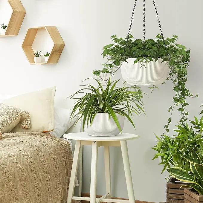 T4U Hanging Planter Self Watering 8 Inch, 2 Pack White Indoor Outdoor Hanging Plant pots, Hanging Flower Pot with Drainage Hole & Plug & Chain with 3 Hooks for Garden Home Decor by GreenHaven Gardens