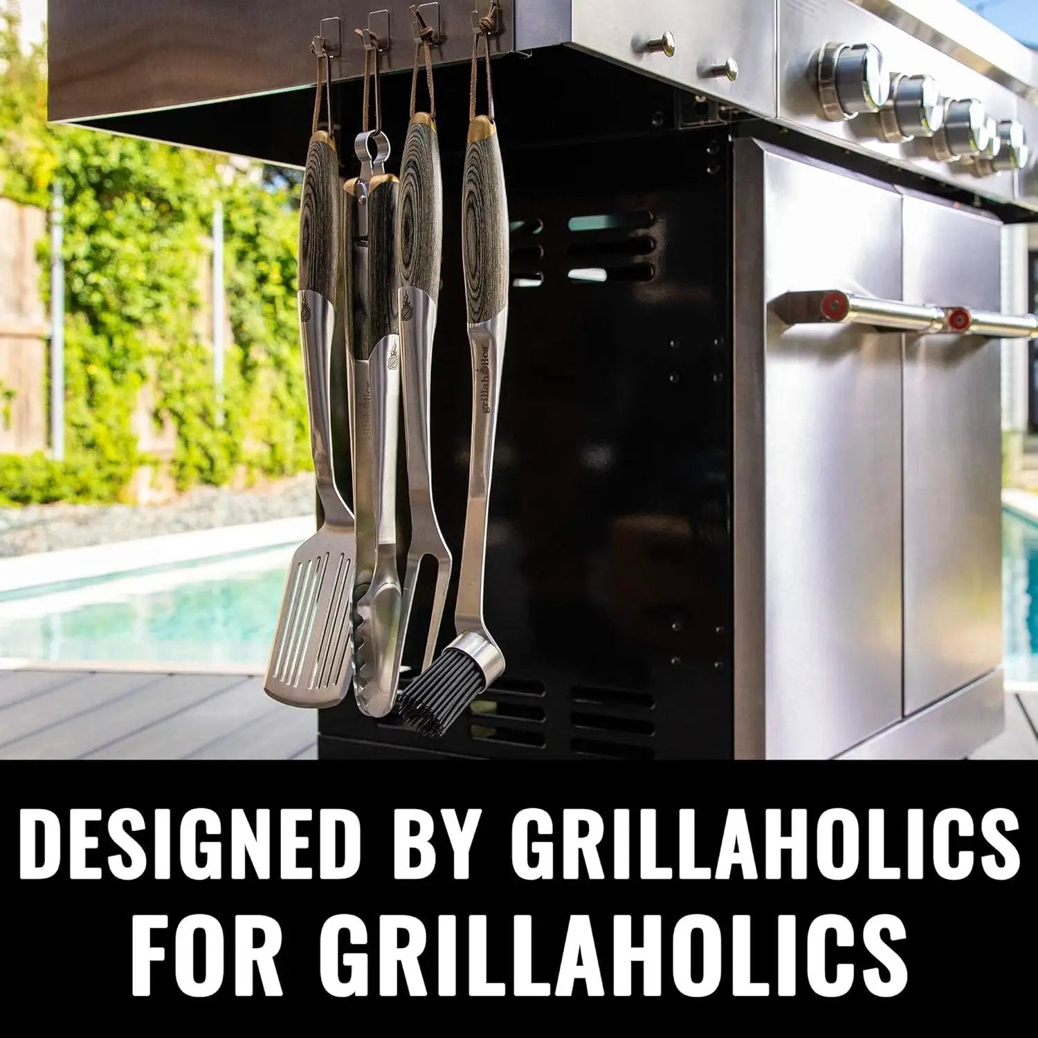 Grillaholics Premium BBQ Grill Tools – The Ultimate Grilling Gift for Dad - Luxury 4-Piece Barbecue Utensils Grill Set with Wooden Gift Box by GreenHaven Gardens