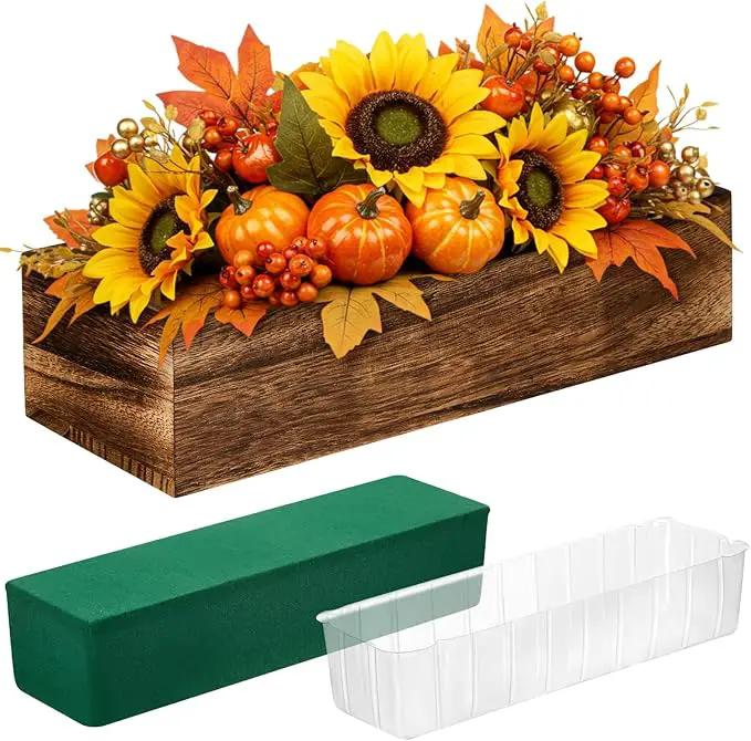Dandat 1 Set Wood Boxes for Centerpieces Rectangle Wooden Planter Box Rustic Wood Planter with Removable Plastic Liner Floral Foam Blocks for Centerpieces Home Wedding Garden Decor (12x4 Inch) by GreenHaven Gardens