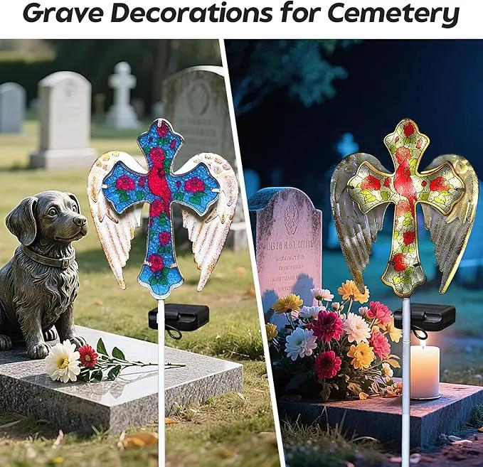 Solar Cross Garden Lights, Solar Cardinal Stake Lights Cemetery Decorations for Grave, Jesus Cross Sympathy Memorial Gifts for Mother Grandma, Glass Garden Art for Yard Lawn Patio Decor by GreenHaven Gardens