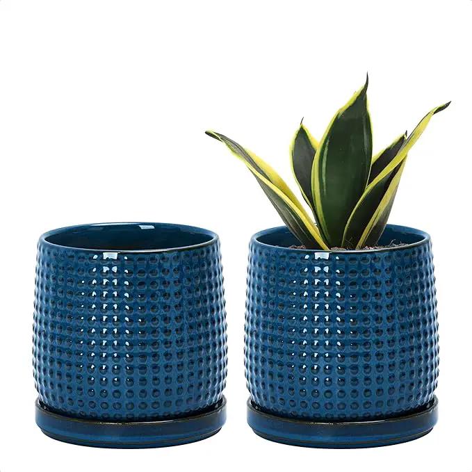 D'vine Dev Set of 2 Ceramic Plants Pots, 4 Inch Beaded Stoneware Flower Pot for Plants with Drainage Hole and Saucer, Midnight Blue, 27-E-Z-3 by GreenHaven Gardens