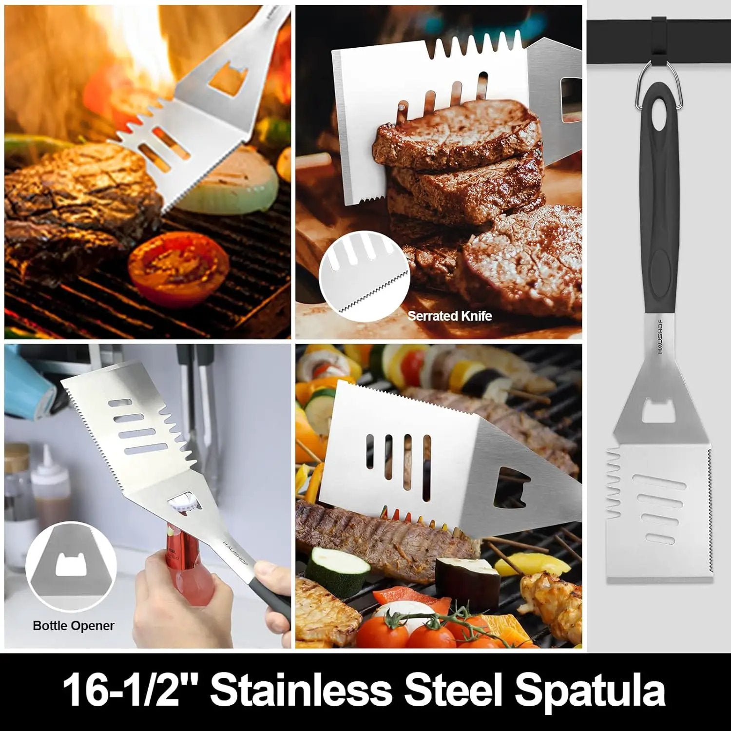 HAUSHOF Large Grilling Accessories, BBQ Grill Set, Heavy Duty Stainless Steel Barbecue Utensils with 16-1/2" Spatula, Brush, Fork, Tongs, Skewers, Thermometer, Bag, Ideal Gift, 15PCS by GreenHaven Gardens