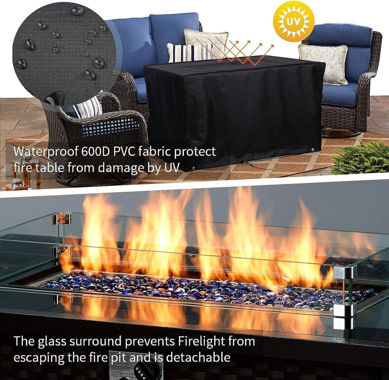 U-MAX 44in Outdoor Propane Gas Fire Pit Table, 50,000 BTU Auto-Ignition Gas Firepit with Glass Wind Guard, Black Tempered Glass Tabletop & Blue Glass Rock, Brown PE Rattan, CSA Certification by GreenHaven Gardens