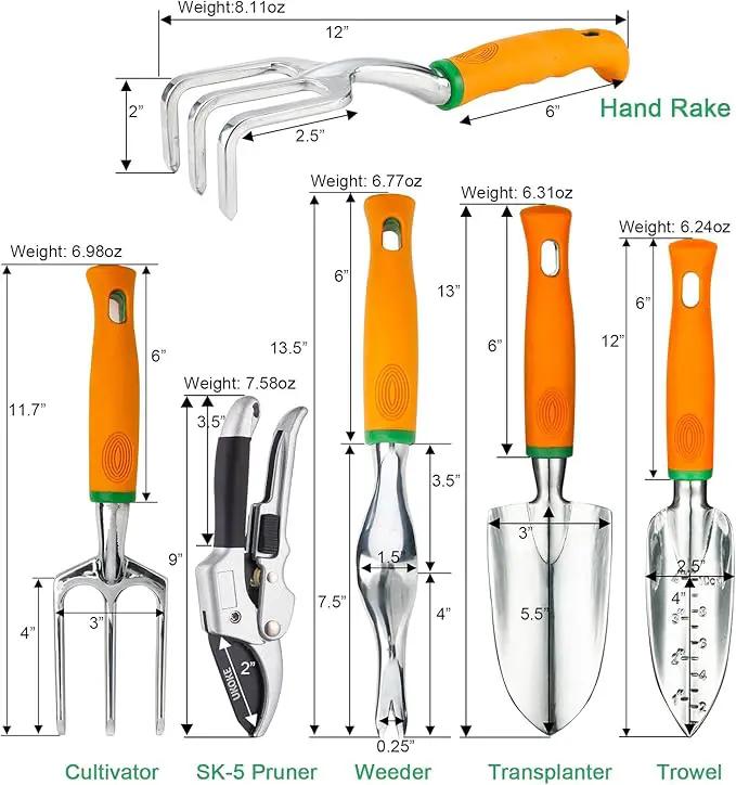 Ukoke UGP01G-7 Outdoor Tool, Heavy Duty Work Ergonomic Handle, for Women Men Set, 7 Piece Aluminum Kit, Garden Canvas Apron with Storage Pock, Orange by GreenHaven Gardens