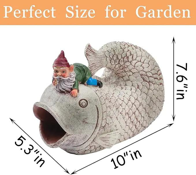 Gnome Fish Sculpture - Eco-Friendly Resin Gutter Diverter Rain, Outdoor Decor Sculpture, Garden Animal Statue, Gutter Downspout Splash Block, Decorative Extension, Ideal for 3"x4" Downspouts by GreenHaven Gardens