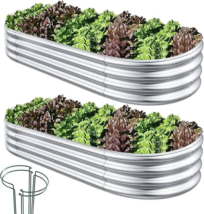 Raised Garden Bed, 2 Pcs 7×3×1ft Outdoor Galvanized Planter Boxes, Galvanized Garden Beds Outdoor with Metal Plant Stakes, Large Raised Garden Stock Tank, Garden Beds Outdoor for Vegetables by GreenHaven Gardens