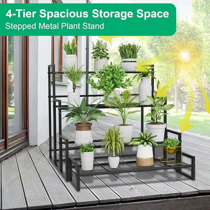 Plant Stand, 4 Tier Stackable Tiered Plant Stand, Scalable Heavy Duty Tall Plant Shelf for Indoor Outdoor, Garden, Display Shelves, Flower Pot Holder, Black by GreenHaven Gardens