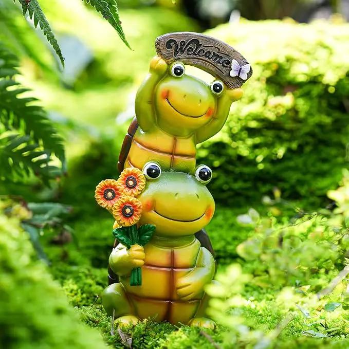Garden Turtle Outdoor Statues, Solar Garden Statue Two Sweet Frog Face Turtles Decor with 3 LED Lights, Unique Art Resin Gifts for Patio Lawn Porch Yard by GreenHaven Gardens