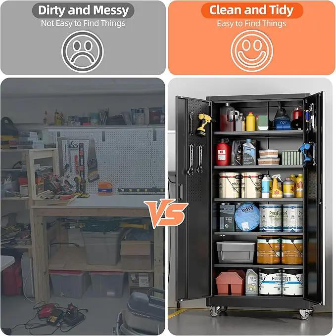71" H×32" W×16" D Garage Storage Cabinet with Wheels, Locking Metal Storage Cabinet with 5 Adjustable Shelves, 4 Hooks and Pegboard for Garage, Home Office, Kitchen, Black, Assembly Required by GreenHaven Gardens