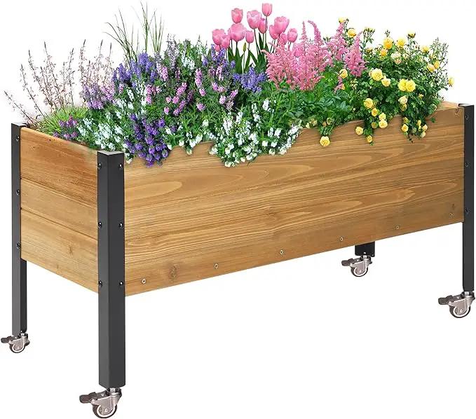Wood Rectangular Garden Planter Box with Wheel Raised Garden Bed Outdoor,Planters for Outdoor Plants 37 * 13 * 15 Elevated Planter Box for Herbs Vegetables Flowers Outdoor Patio Deck Balcony by GreenHaven Gardens