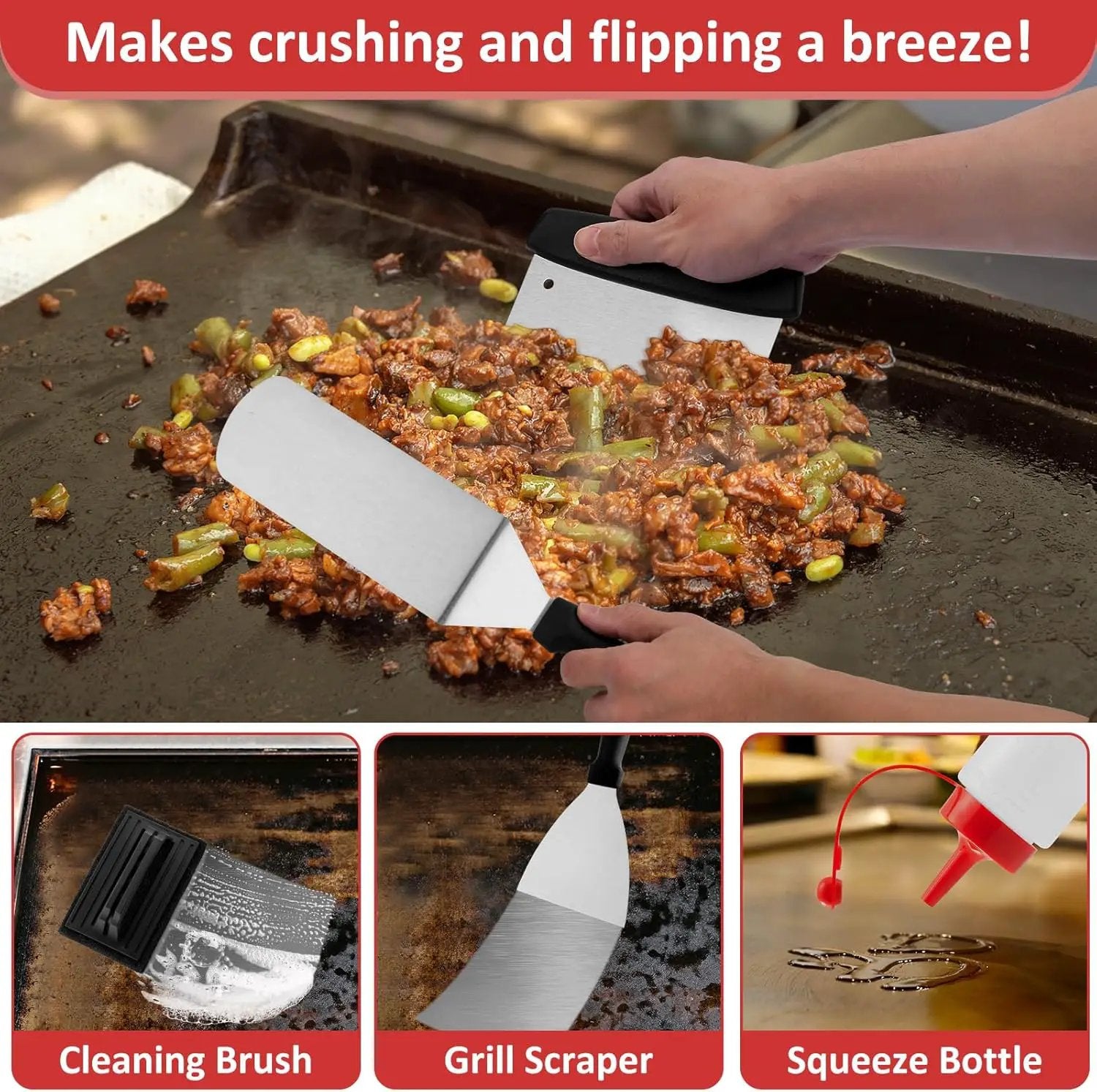 25Pcs Griddle Accessories Kit, Leonyo Flat Top Grill Accessories for Outdoor, Professional BBQ Griddle Tools Smash Burger Press Kit with Enlarged Spatulas Scraper, Basting Cover - PP Handle by GreenHaven Gardens