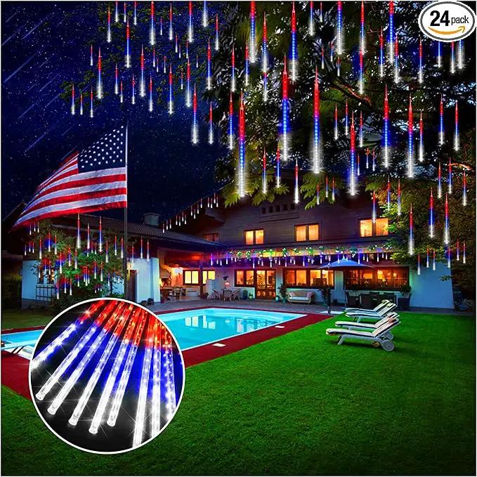 KNONEW 24 Tube Red White and Blue Meteor Shower Lights 4th of July Decorations,16 in 672 LEDs String Lights,52FT Plug in Waterproof Outdoor Lights for Independence Day House Tree Party Decor by GreenHaven Gardens