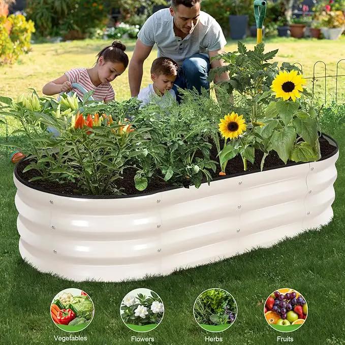 Galvanized Raised Garden Bed Outdoor - 4×2×1ft Planter Raised Beds for Gardening | Oval Metal Garden Planter Box with Safety Edging and Gloves for Vegetables Fruits and Flowers - White by GreenHaven Gardens