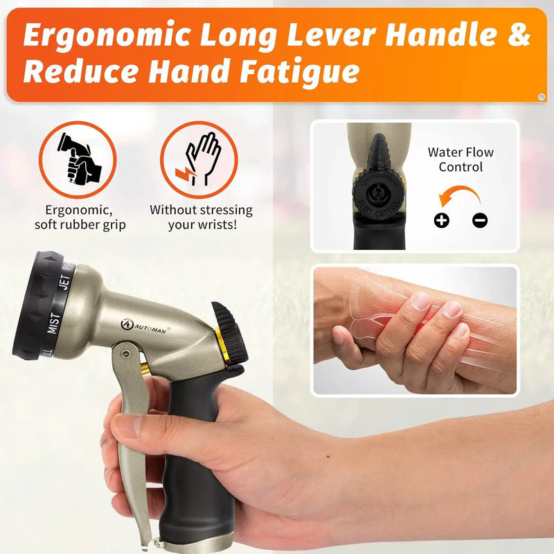 AUTOMAN Garden Hose Nozzle - 7 Patterns Sprayer, 100% Metal High Pressure Spray Nozzle, Labor-Saving Design, Heavy Duty Water Hose Nozzle for Garden Watering, Car Washing, Window Cleaning,Pets Bathing by GreenHaven Gardens