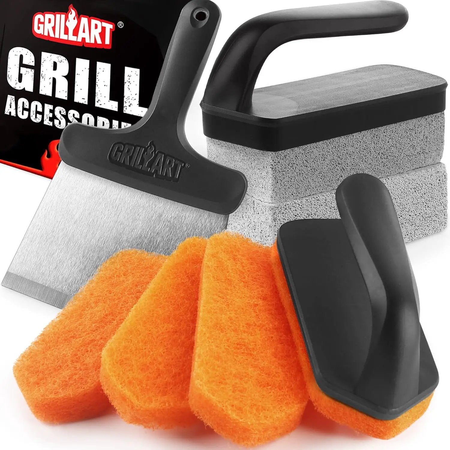 GRILLART Griddle Cleaning Kit for Blackstone, Flat Top Grill Cleaning Kit with Grill Stone, Griddle Scraper, Scouring Pad and Handles, Multifunctional Griddle Accessories for Rusty Grills, Orange by GreenHaven Gardens