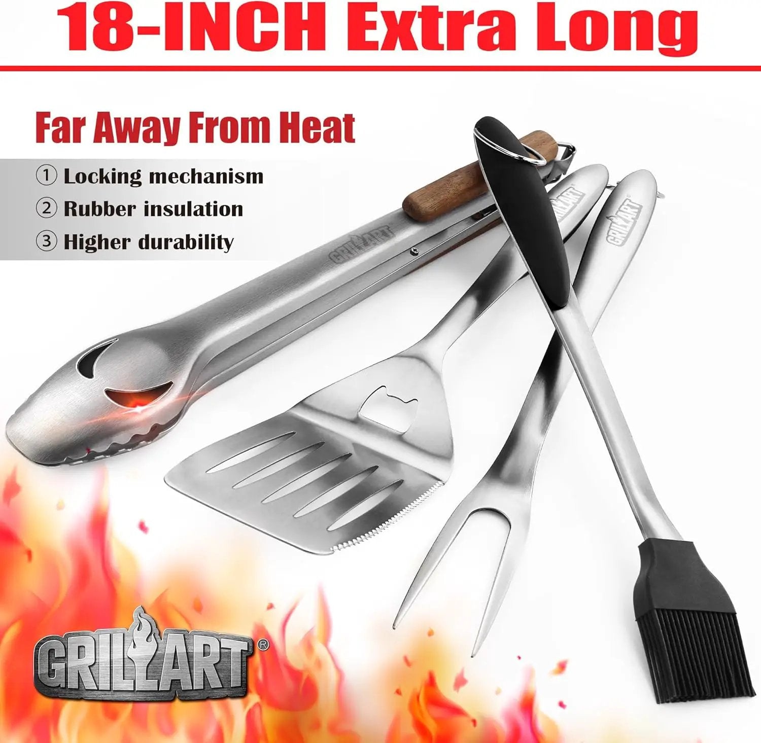 GRILLART BBQ Tools Grill Tools Set -18Inch Grilling Tools BBQ Set - Grill Accessories w/BBQ Tongs, Spatula, Fork, Brush- Stainless Grill Kit Grilling Set - Gift Ideas BBQ Accessories Gifts for Men Dad by GreenHaven Gardens