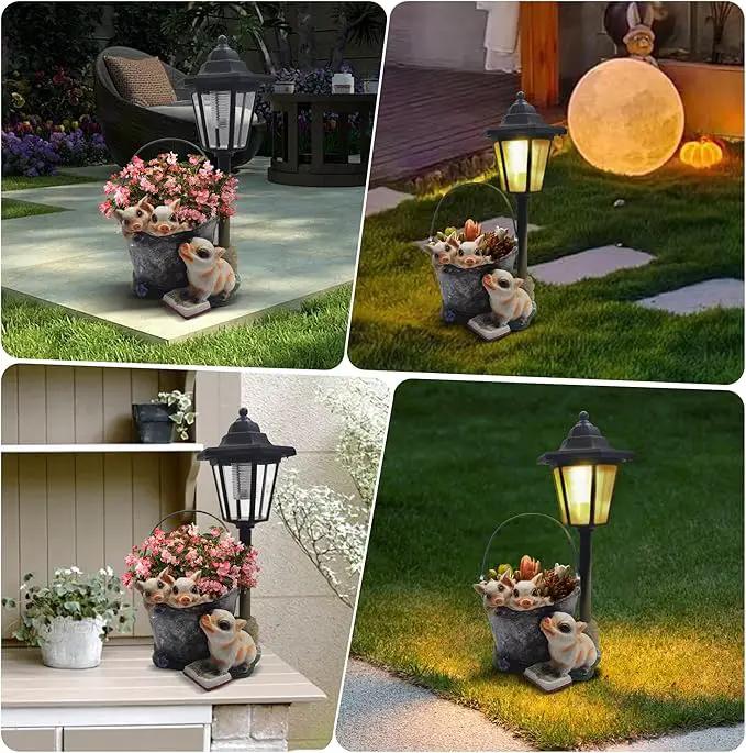 Outdoor Pigs Statues Solar Sculptures with Solar Lights and Flowerpot Funny Garden Decor Animal Figurines Resin Outdoor Statues for Patio Yard Lawn Balcony Gifts by GreenHaven Gardens