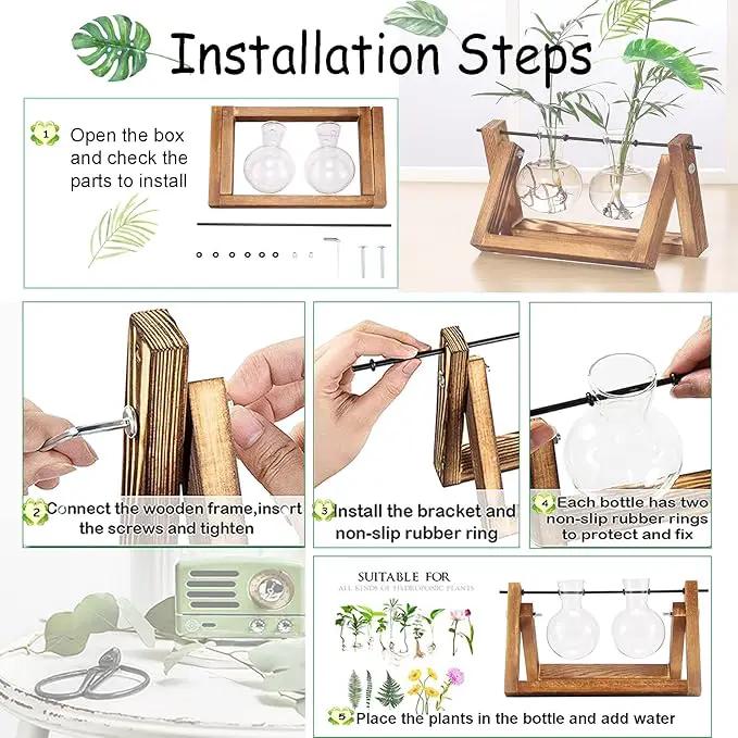 Kingbuy Glass Desktop Planter with Retro Wooden Stand and Plant Terrarium vase (2 Bulbs) for Indoor Office Desk Decor Accessories by GreenHaven Gardens