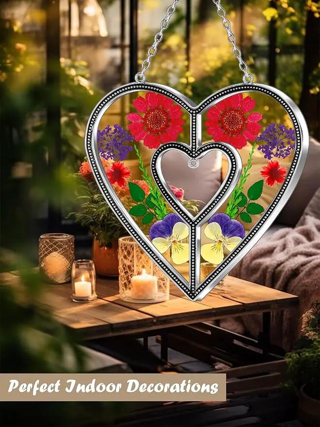 KY&BOSAM Heart Suncatchers DIY Stained Glass Hangings for Windows Wind Chimes Home Gardner Decor with Pressed Real Flowers Heart No Charm Birthday Gifts for Women Mother`s Day Christmas Ornamets by GreenHaven Gardens