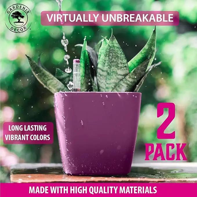 GARDENIX DECOR 5" Self Watering pots for Indoor Plants - Flower Pot with Water Level Indicator for Plants, Grow Tracking Tool - Self Watering Planter Plant Pot – 2 Pack Purple by GreenHaven Gardens