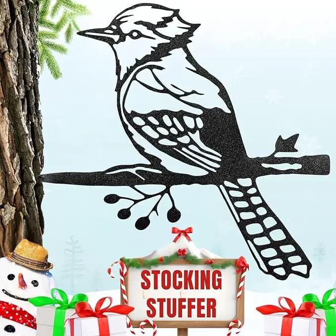 Renovatio Metal Bird Decor – Rustic Bluejay Decoration, Metal Garden Sculpture, Outdoor Tree Ornaments – A Unique Outdoor Yard Decor – Bluejay (Black) by GreenHaven Gardens
