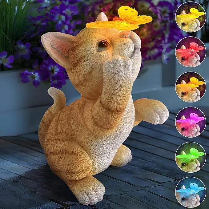 Solar Garden Statue Cat Figurine,Resin Cat Statue Playing Butterfly,Outdoor Decoration for Patio,Balcony,Yard, Lawn-Unique Housewarming Gift for Garden Mom Grandma by GreenHaven Gardens