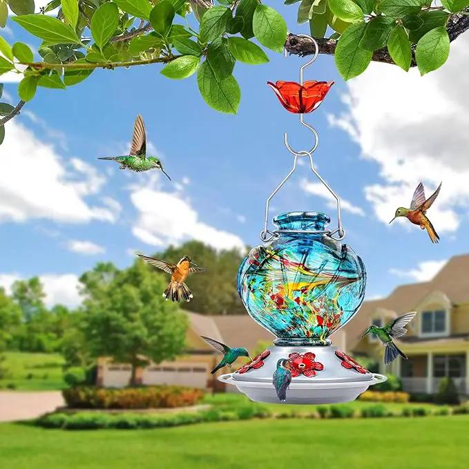 BOLITE Hummingbird Feeder, Hand Blown Glass Hummingbird Feeders for Outdoors Hanging, with Ant Moat and 5 Feeding Ports, 22 Ounces, Peony Flower Shape, Blue, Gifts for Women Men, Gifts for Mom Dad by GreenHaven Gardens