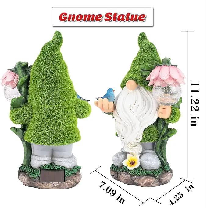 Garden Gnome Statue - Funny Gnome Decoration Hold Flower with Solar Crackle Glass Globe Lights, Resin Gnome Figurine Ornament for Patio Yard Lawn Porch Outdoor Decor by GreenHaven Gardens