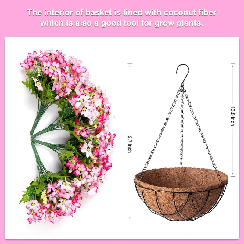 Artificial Silk Flowers Hanging Baskets Outdoors Indoors,Chrysanthemum with Eucalyptus Leaves Arrangement for Garden Yard Spring Summer Decor,Faux Plant in Metal Coconut Lining Flowerpot(Pink) by GreenHaven Gardens