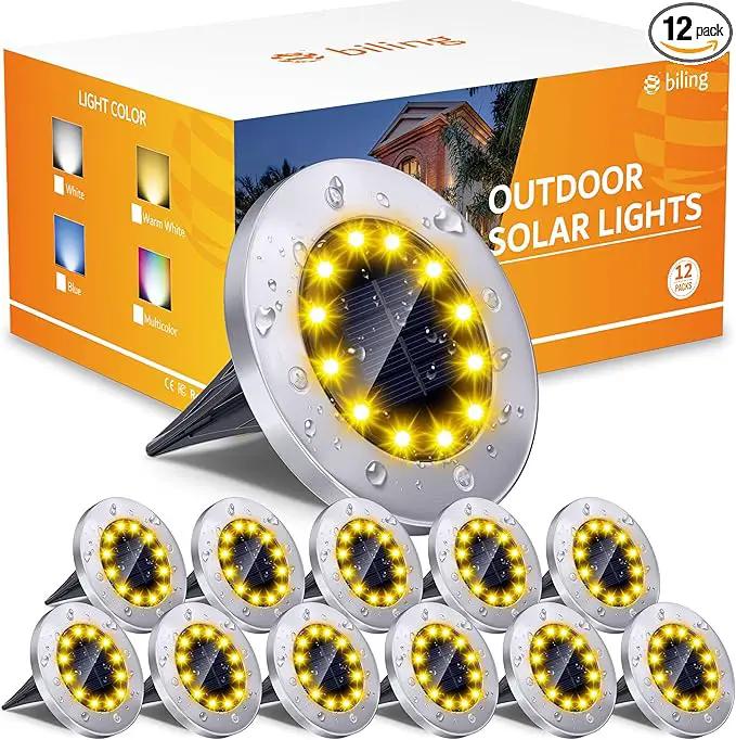 Biling Solar Outdoor Lights 12 Packs, Bright 12 LEDs Solar Ground Lights Waterproof, Flat Pathway Lights Solar Powered for Yard Walkway Garden Driveway (Warm White) by GreenHaven Gardens