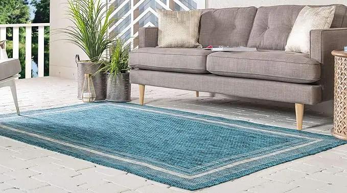 Unique Loom Outdoor Border Collection Area Rug - Soft Border (4' 1" x 6' 1" Rectangle, Teal/ Ivory) by GreenHaven Gardens