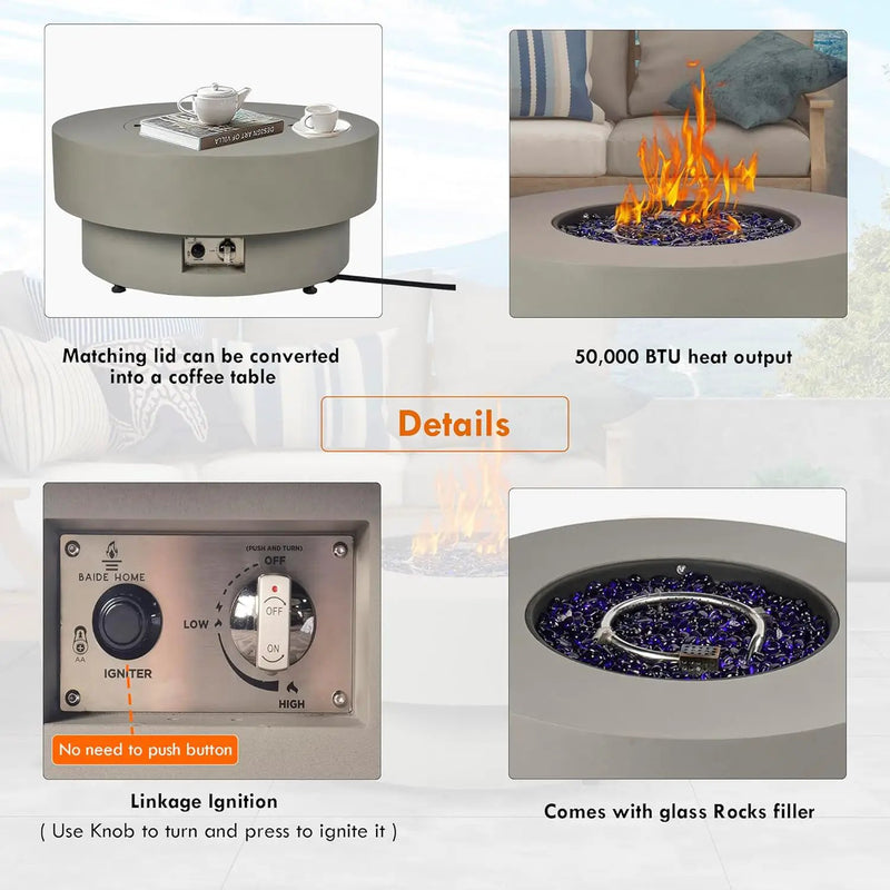 32.5-inch Outdoor Gas Fire Pit Table with Natural Gas Conversion Kit, 50,000BTU Propane Gas Fire Pits for Outside Patio w/Round Burner Lid, Glass Rocks, Cover by GreenHaven Gardens