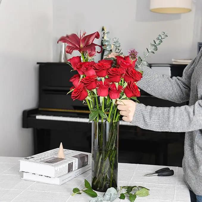 Flower Vase, Non-breakable Vases, 4" W x 8" H, Acrylic Grey Vase, Aesthetic Room Decor Cylindrical Modern Flower Vases for Table Centerpiece, Home Decor, Women Floral Arrangement Gift by GreenHaven Gardens