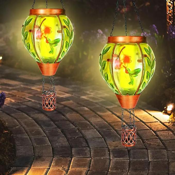 2 Pack Solar Hot Air Balloon Lantern with Flame，Hummingbird Outdoor Solar Lanterns for Outside Garden Yard Farmhouse Patio Pathway Decoration, Hummingbird Gifts for Women Grandma Mom - Hummingbird by GreenHaven Gardens