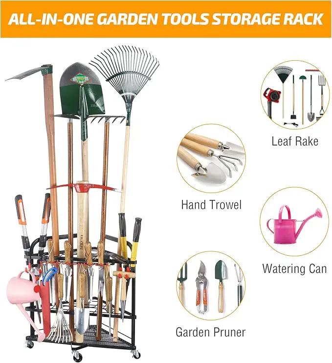 PLKOW Garden Tool Organizer with Wheels and Storage Hooks, Rolling Corner Tool Storage Rack for Garden, Shed, Garage, Powder Coated Steel, Black by GreenHaven Gardens