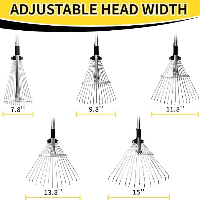 Garden Rake for Leaves,Heavy Duty Metal Adjustable Leaf Rake for Lawns,Long Handle 33"-69" with Expandable Head 8"-15",Garden Tools for Yard Lawn Shrub Garden Beds by GreenHaven Gardens
