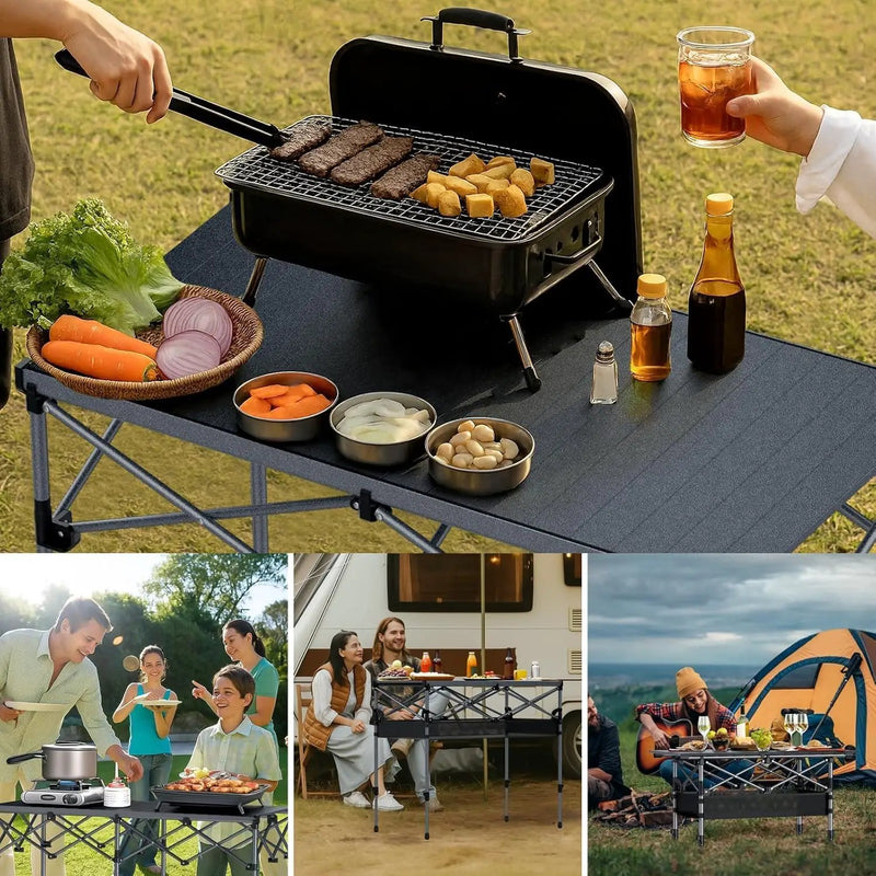 Camping Table Foldable, 2 Adjustable Height 34.2”, Large Roll Up Camping Table Support 264lbs with Storage Basket and Bag, Aluminum Outdoor Table, for Picnic Travel BBQ, 39.4” x 19.7”, Black by GreenHaven Gardens